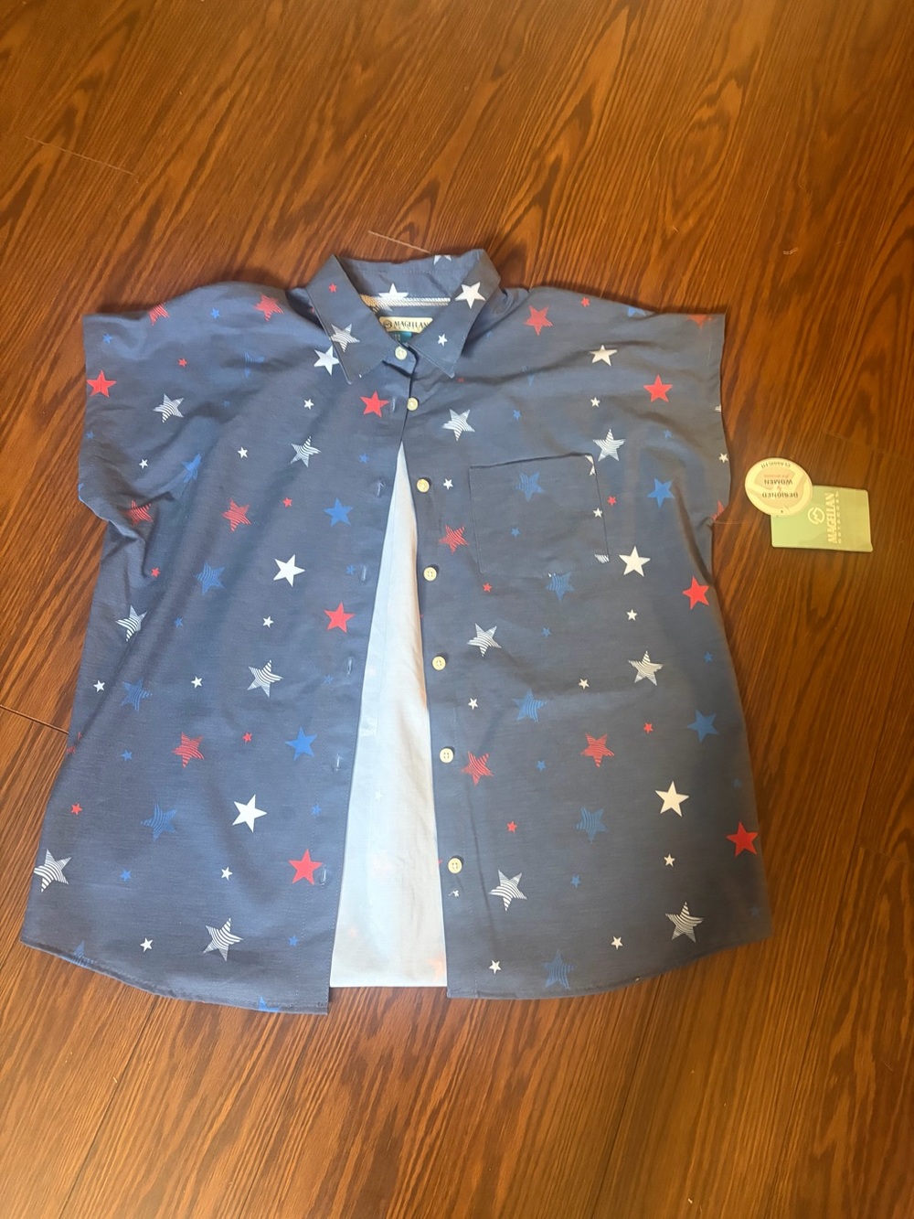 Womens Magellan Outdoors Navy Short Sleeve Button-Front Shirt with Star Print
